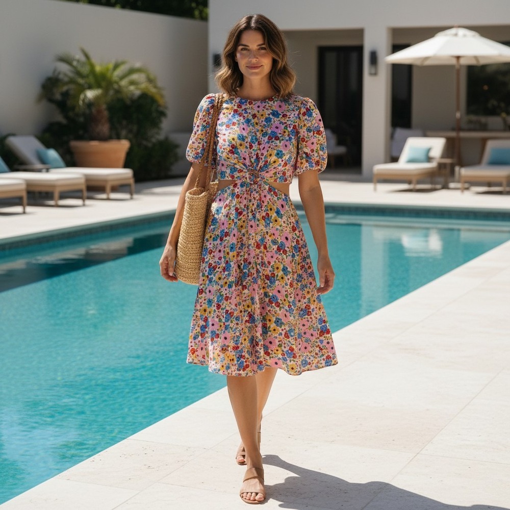 Floral Cut-Out O-Ring Dress Pink Blue Yellow Puff Sleeve